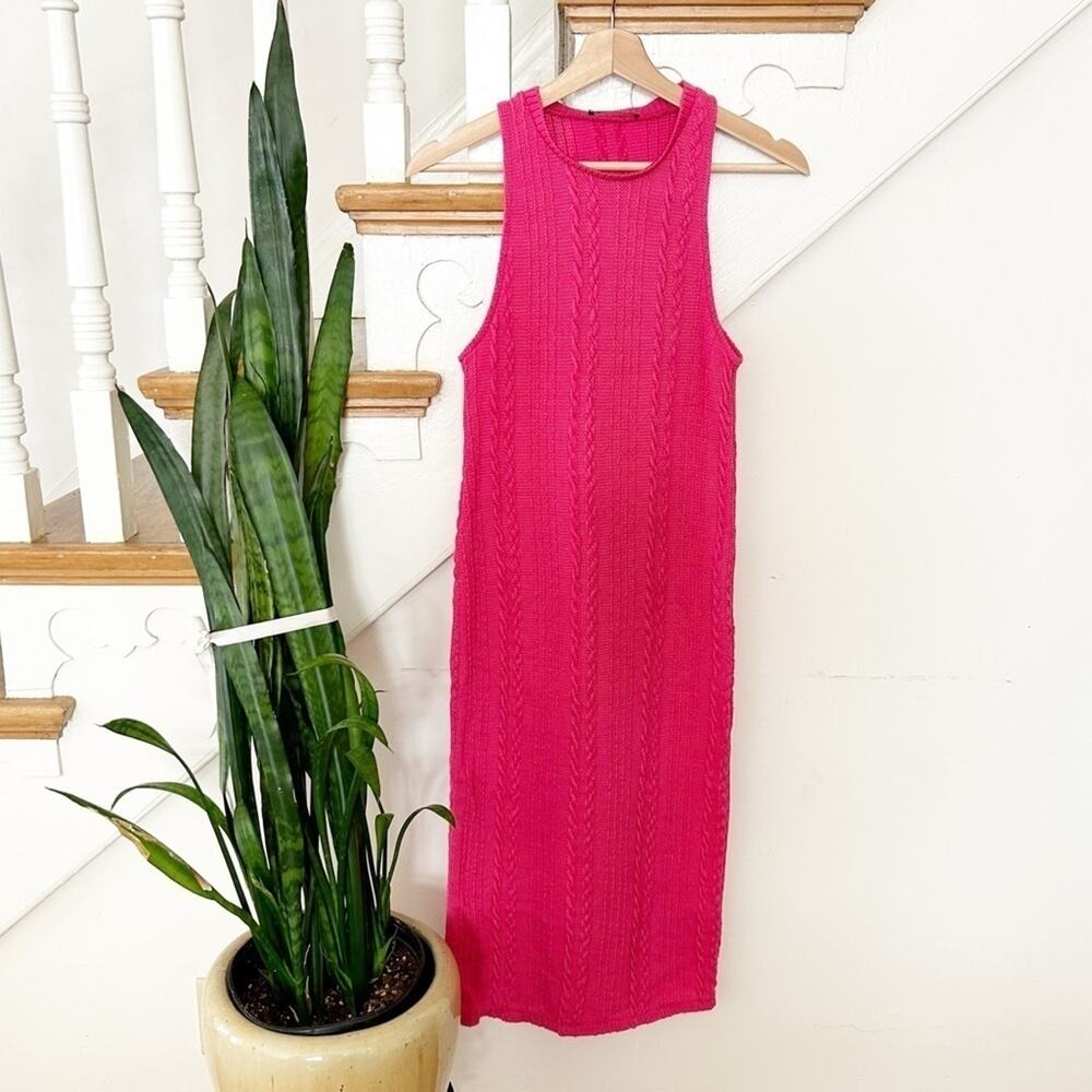 Zara Bright Pink Sleeveless Round Neck Cable Knit Stretch Midi Dress Size M